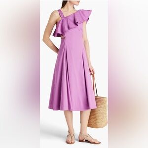 Veronica Beard Cotton Poplin A-Line One-Shoulder Cut-Out Midi Dress, Size 14